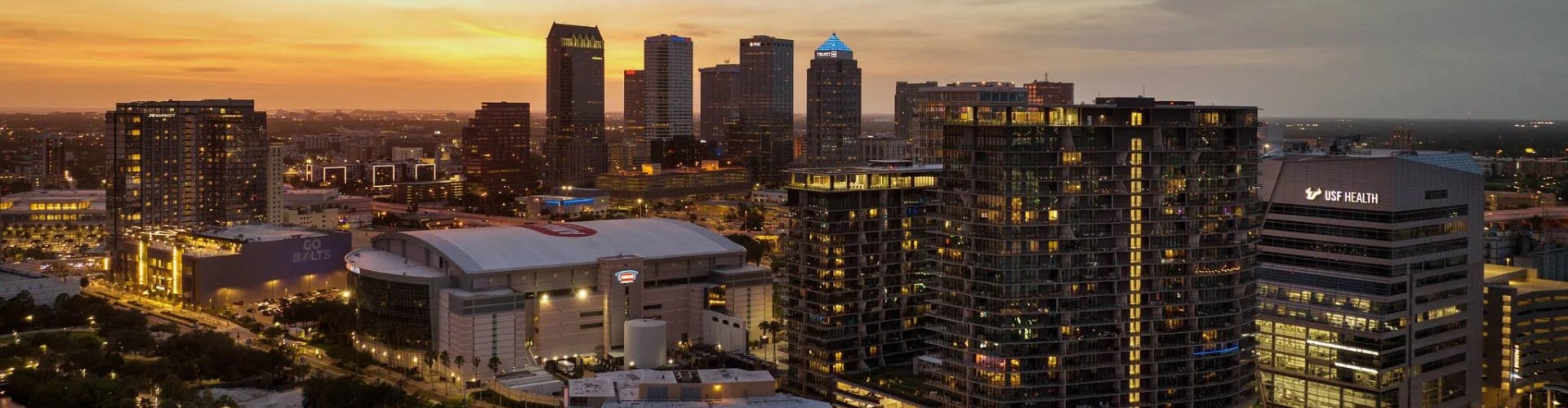 View of Tampa city skyline at sunset